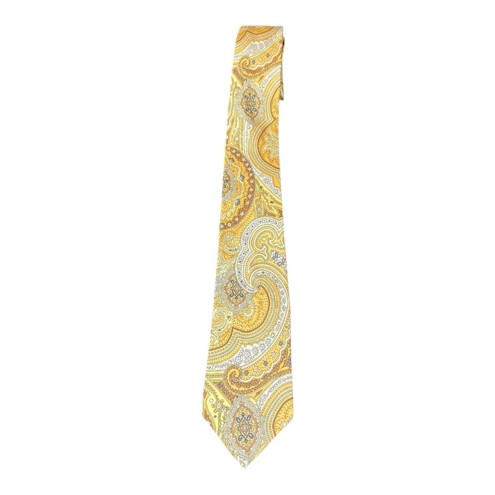 Bruno Piattelli Mens Tie Gold Gray Geometric Pattern 100% Silk Made in USA 59